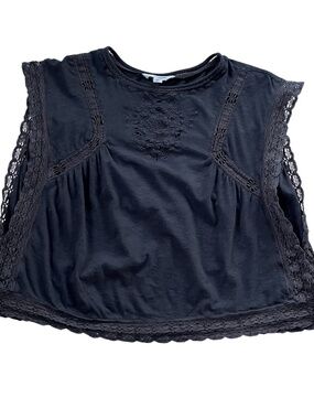Lucky Brand Lace Embroidered Eyelet Top XS Gray Sleeveless Boho Festival Prairie
